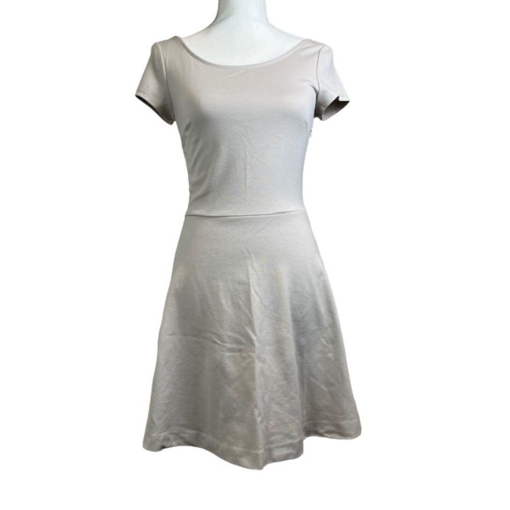 American Eagle Cross Back Midi Dress Fitted Stretch Side Zip Taupe 2